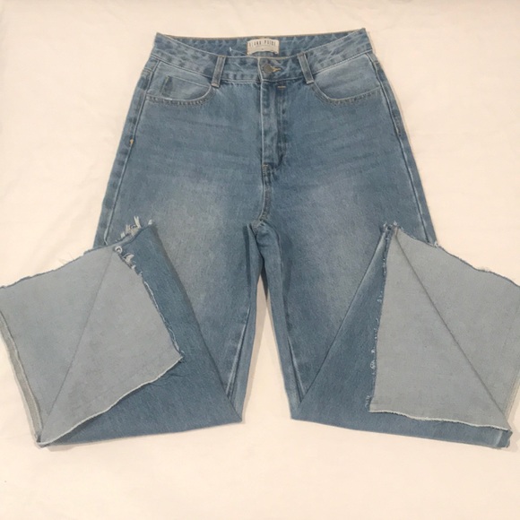 Blank Paige Denim Collection Wide Leg Mid Rise Med Wash Frayed Hem Slit Side S - Picture 2 of 16